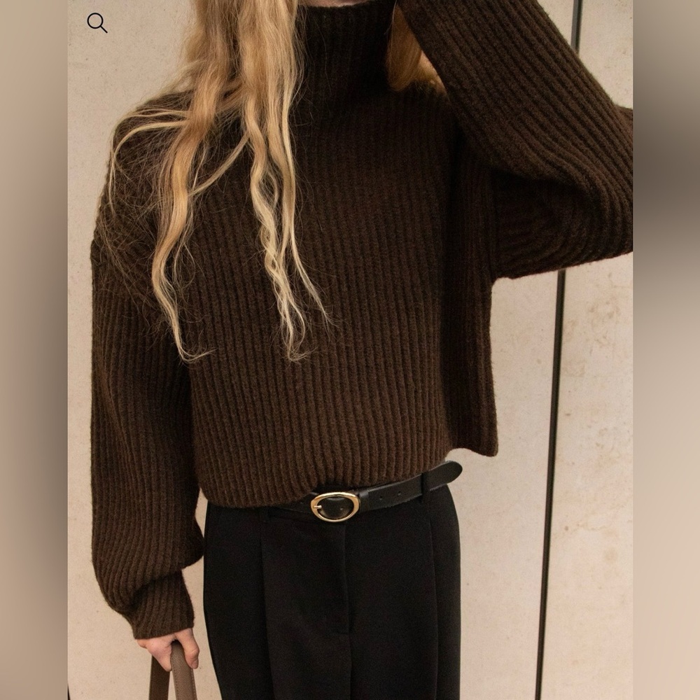 OAK + FORT Ribbed Mockneck Sweater in Chocolate Brown Size Extra Small - Picture 2 of 8